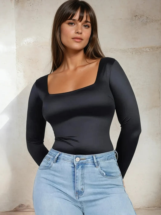 Body Modelator Tanga Elegant cu Maneca Lunga , Cu Gat Patrat Satin Negru / Black