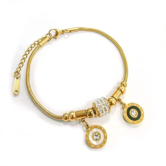 Stelvio Bratara Din Inox Placat Cu Aur 18k, Cu Doua Pandantive Rotunde Negru Si Alb, Cu Cristale Zirconiu, Reglabila Pentru Femei, Stil Elegant Modern Bf963fh Premium