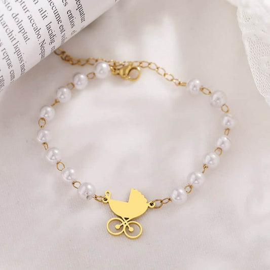 Stelvio Bratara Inox Auriu Model Carucior Nou Nascut Si Perle -n6359 Premium