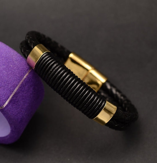 Stelvio Bratara Inox Si Piele -nautic- Negru Cod B860e Premium