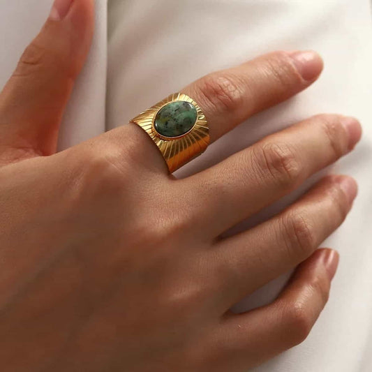 Stelvio Inel Vintage Femei, Placat Aur 14K, Model Retro Elegant Cu Piatra Naturala Verde IF628F Premium , Oferta