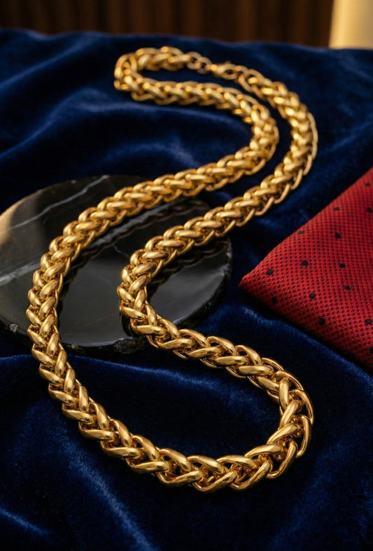 Stelvio Lant Barbatesc Masiv Placat Cu Aur 18k, Model Impletitura Spiga De Lux, Grosime 9mm Si Lungime 60cm, Bijuterie Statement Din Otel Inoxidabil De Inalta Calitate, Rezistent La Apa Si Uzura Premium