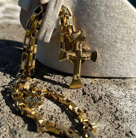Stelvio Lant Byzantine Inox Placat Cu Aur + Cruce Masiva Barbateascalc13d Premium