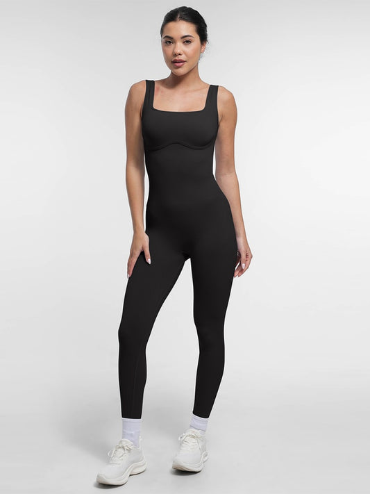 Salopetă Modelatoare Seamless Pentru Sala Neagra, Decolteu Patrat și Spate în U – Fitness & Casual