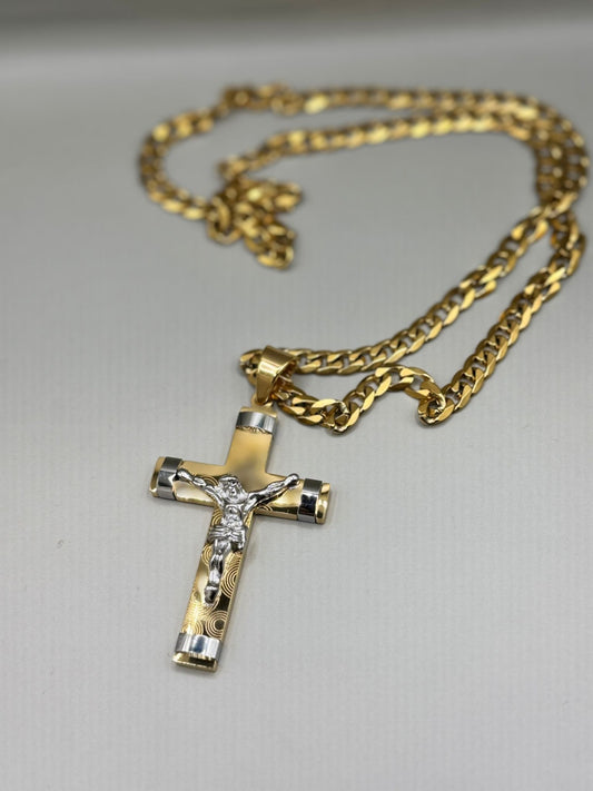 Stelvio Set Barbati Inox Auriu – Lant Cuban Si Pandantiv Cruce Cu Iisus Lc128v Premium