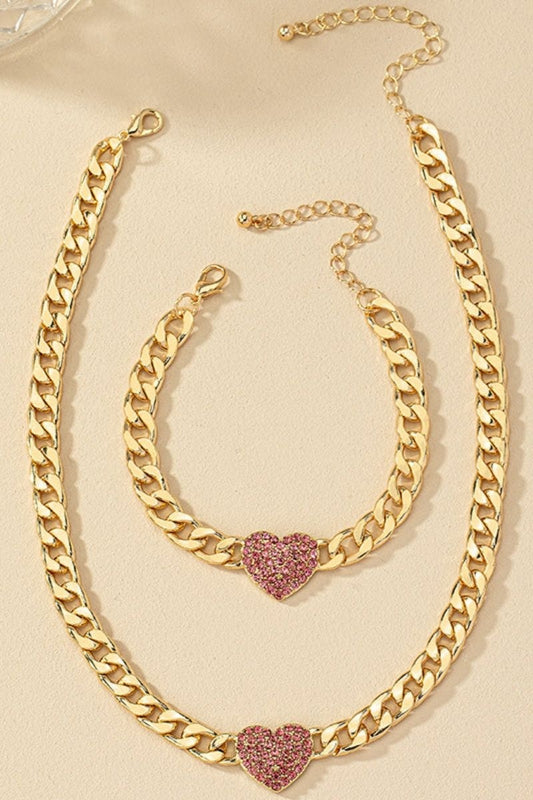 Stelvio Set Bijuterii Stil Cuban, Lant Si Bratara Gros Auriu Cu Inima Pink Zircon, Accesorii Statement S245v Premium