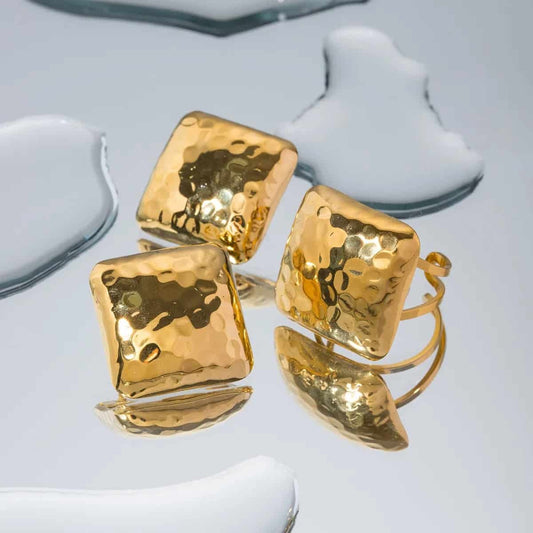 Stelvio Set Cercei Si Inel Femei, Placat Aur 14k, Model Vintage Modern, Accesorii Elegante S71f Premium