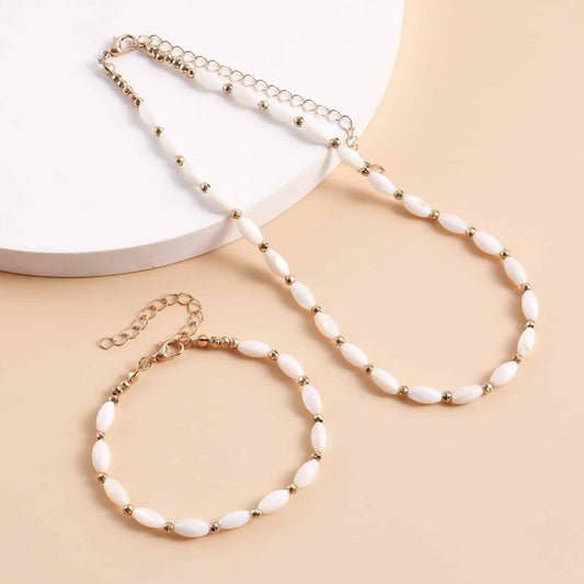 Stelvio Set Colier Choker Si Bratara Femei, Model Elegant, Margele Albe, Ajustabil S132c Premium