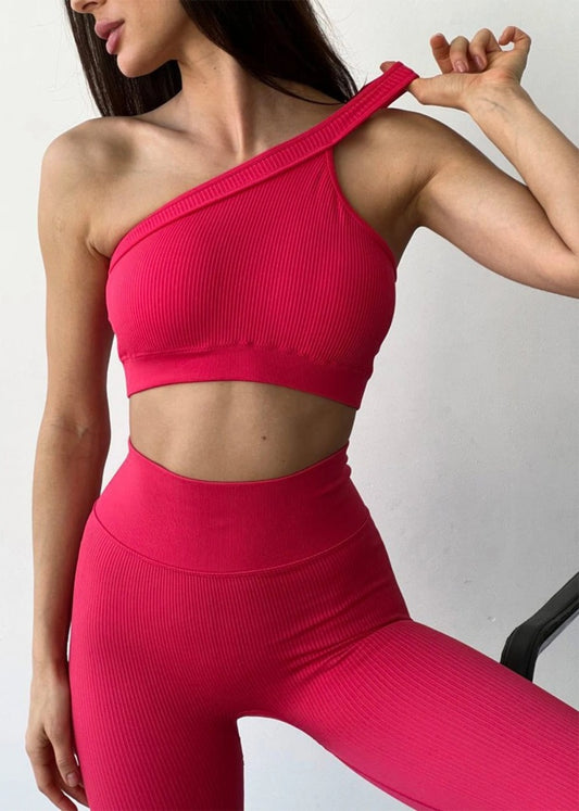Set Fitness Rosu din Două Piese, Top Asimetric și Colanți, Design Modern și Funcțional pentru Performanță Sportivă