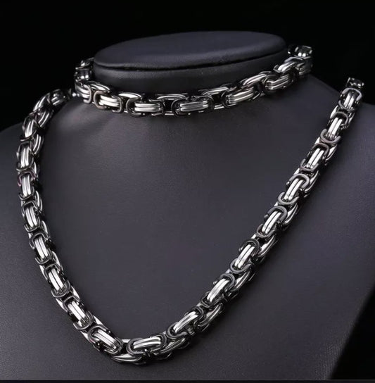 Stelvio Set Lant+bratara Inox Model Byzantine Ton Argintiu Si Negru S203 Premium