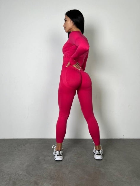 Set Roz Magenta din Două Piese cu Top și Colanți, Design Seamless, Efect Push-up Evidențierea Siluetei, Inclusiv Bluza cu Mâneci Lungi