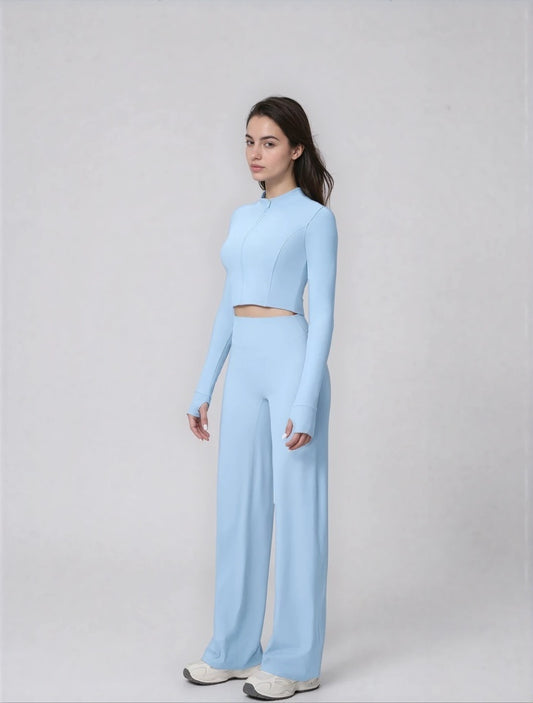 Set Sport Dama Albastru Deschis, Hanorac Cu Fermoar Si Pantaloni Evazati Largi, Compleu Fitness Yoga Alergare Sau Tinute Casual De Zi