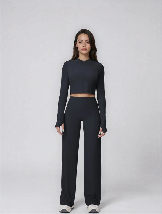 Set Sport Dama Negru, Hanorac Cu Fermoar Si Pantaloni Evazati Largi, Compleu Fitness Yoga Alergare Sau Tinute Casual De Zi