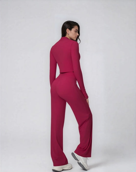 Set Sport Dama Rosu Inchis, Hanorac Cu Fermoar Si Pantaloni Evazati Largi, Compleu Fitness Yoga Alergare Sau Tinute Casual De Zi