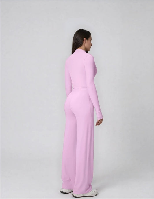 Set Sport Dama Roz Deschis, Hanorac Cu Fermoar Si Pantaloni Evazati Largi, Compleu Fitness Yoga Alergare Sau Tinute Casual De Zi