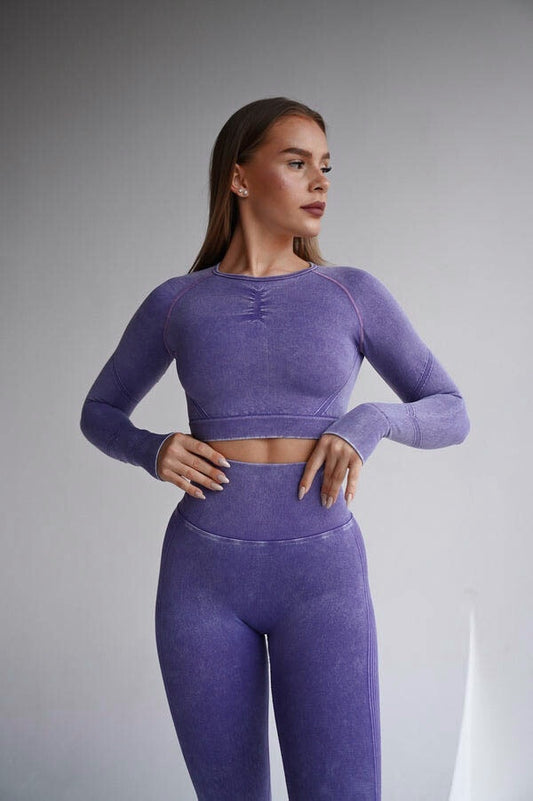 Set Sport Mov Din Doua Piese Cu Bluza Si Colanti , Cusatura Incretita Si Contur Push-Up Pentru Evidentierea Feselor