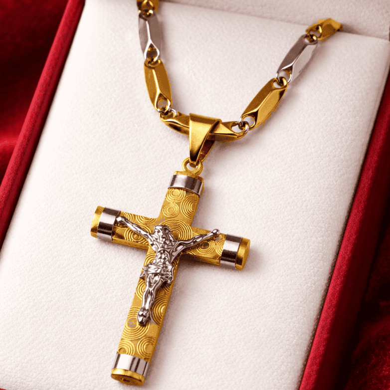 Lant Barbatesc cu Cruce si Iisus, Otel Inoxidabil Placat cu Aur 14k, Pandantiv Crucifix Doua Culori Auriu si Argintiu, Colier Elegant