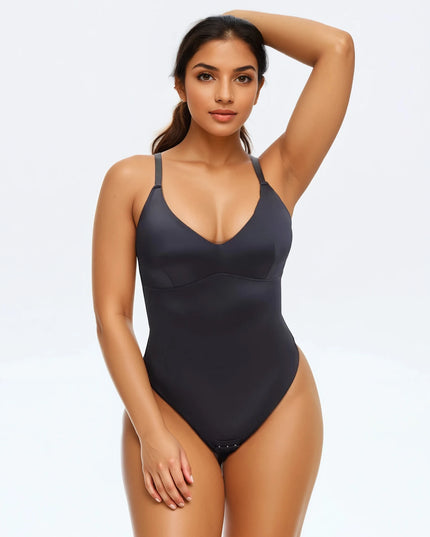 Body Modelator Tanga Elegant cu Bretele Ajustabile si Subtiri , Satin Negru / Black