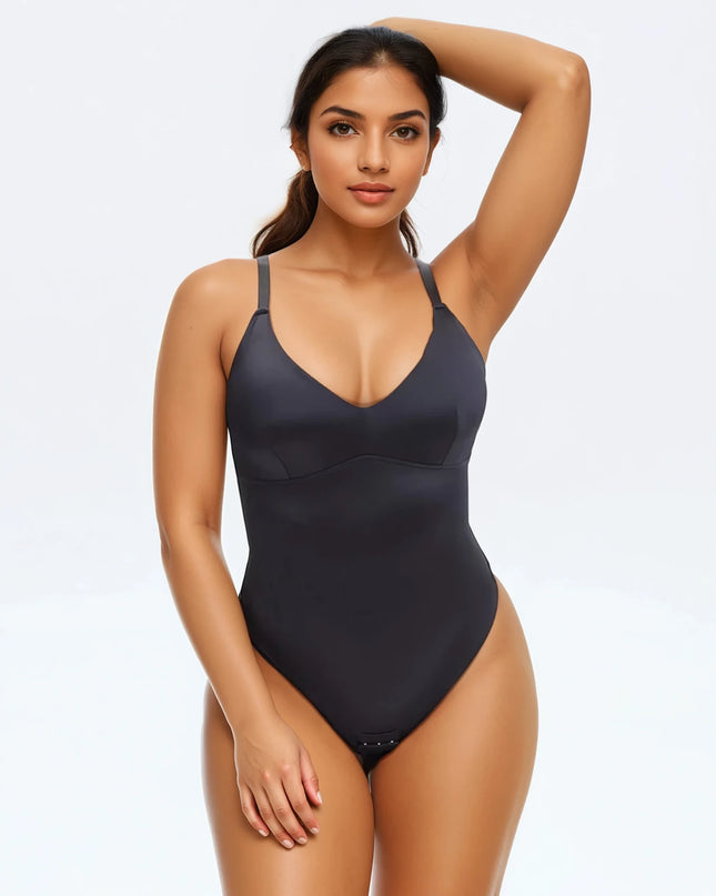 Body Modelator Tanga Elegant cu Bretele Ajustabile si Subtiri , Satin Negru / Black