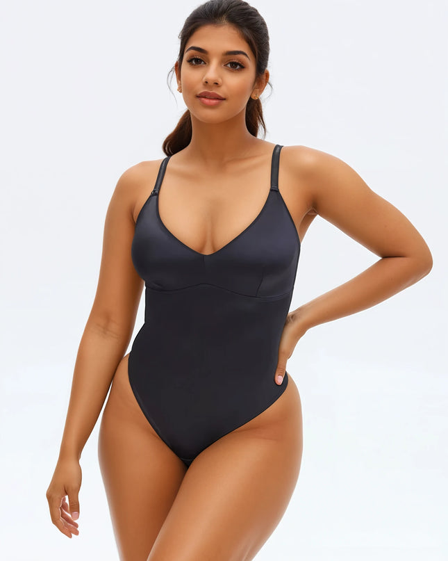 Body Modelator Tanga Elegant cu Bretele Ajustabile si Subtiri , Satin Negru / Black