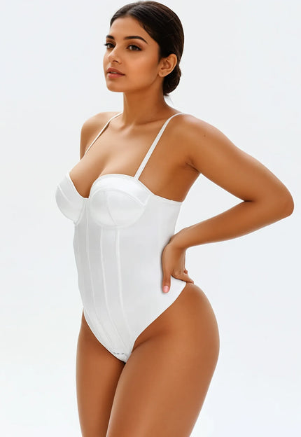<strong>Body Modelator</strong> - Tanga Cu Sutien Incorporat din Satin Luxos Strălucitor Alb