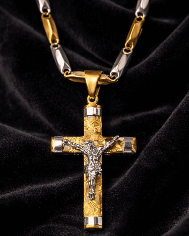 Lant Barbatesc cu Cruce si Iisus, Otel Inoxidabil Placat cu Aur 14k, Pandantiv Crucifix Doua Culori Auriu si Argintiu, Colier Elegant