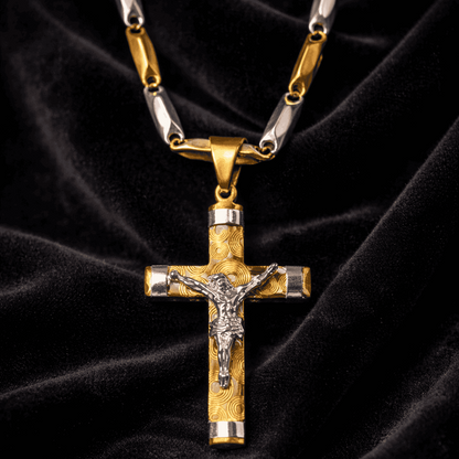 Lant Barbatesc cu Cruce si Iisus, Otel Inoxidabil Placat cu Aur 14k, Pandantiv Crucifix Doua Culori Auriu si Argintiu, Colier Elegant