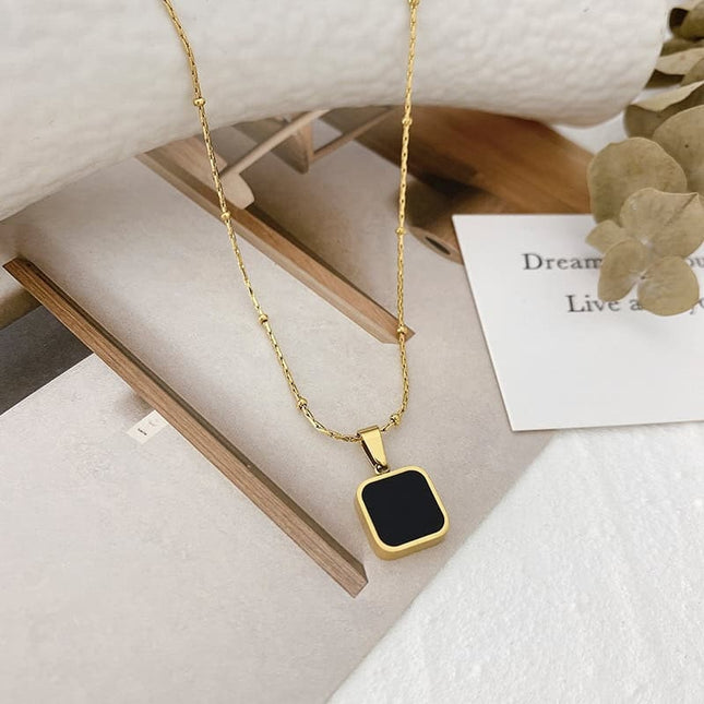 Bijuterie Eleganta - Lant Femei Cu Pandantiv Negru, Placat Aur 14k