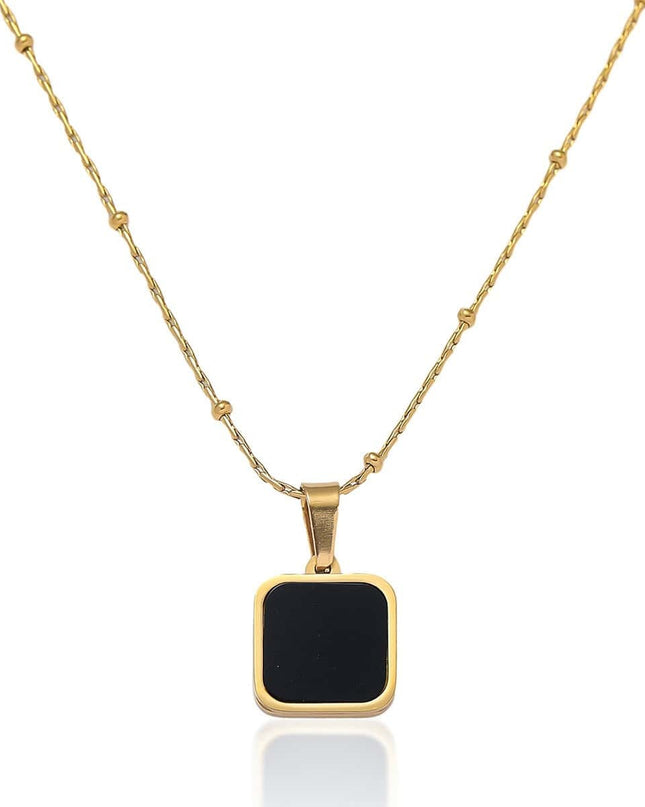 Bijuterie Eleganta - Lant Femei Cu Pandantiv Negru, Placat Aur 14k