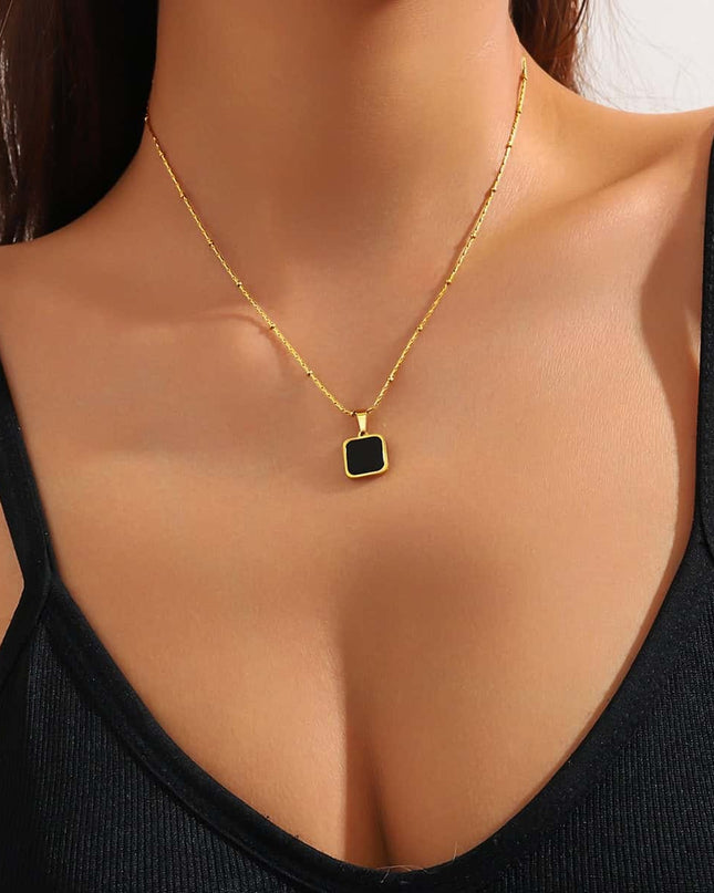 Bijuterie Eleganta - Lant Femei Cu Pandantiv Negru, Placat Aur 14k