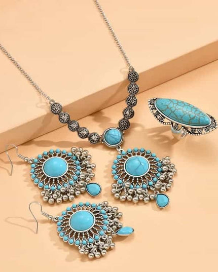 Bijuterii Statement Cu Turcoaz – Set Elegant Cu Lant, Cercei Si Inel Vintage