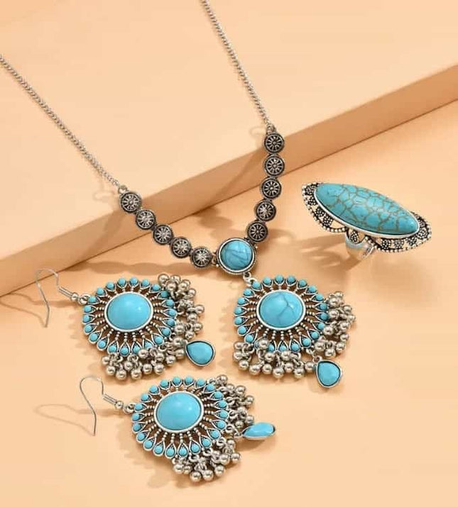 Bijuterii Statement Cu Turcoaz – Set Elegant Cu Lant, Cercei Si Inel Vintage