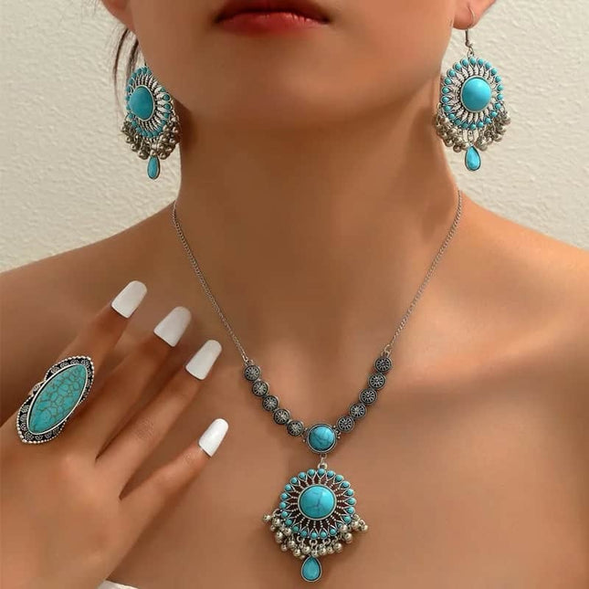 Bijuterii Statement Cu Turcoaz – Set Elegant Cu Lant, Cercei Si Inel Vintage