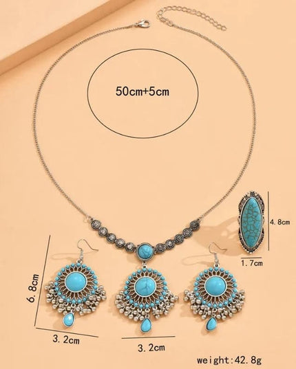 Bijuterii Statement Cu Turcoaz – Set Elegant Cu Lant, Cercei Si Inel Vintage