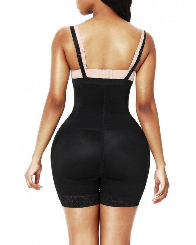 Body Modelator Black High Waist cu Fese si Solduri Proeminente Cu Bureti Negru Push Up
