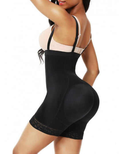 Body Modelator Black High Waist cu Fese si Solduri Proeminente Cu Bureti Negru Push Up