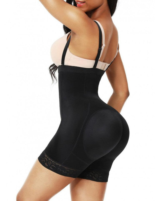 Body Modelator Black High Waist cu Fese si Solduri Proeminente Cu Bureti Negru Push Up