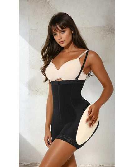 Body Modelator Black High Waist cu Fese si Solduri Proeminente Cu Bureti Negru Push Up