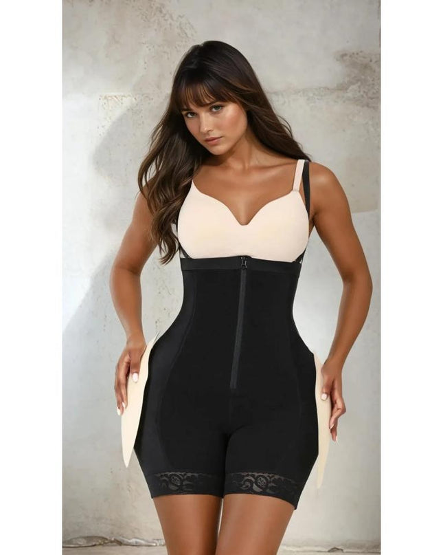 Body Modelator Black High Waist cu Fese si Solduri Proeminente Cu Bureti Negru Push Up