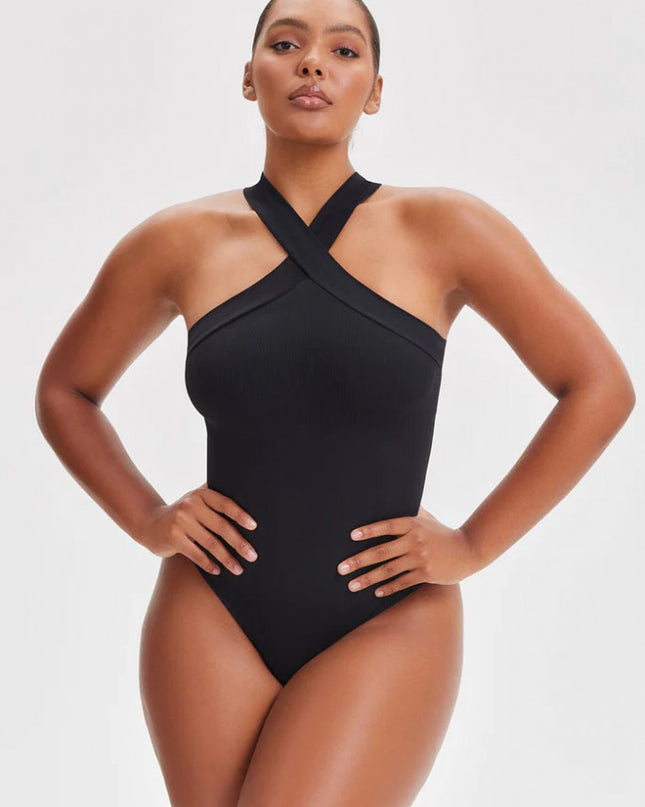 Body Modelator cu Bretele Incrucisate Pentru un Abdomen Plat, Compresie Medie Pentru Aplatizarea Burticii Negru / Black