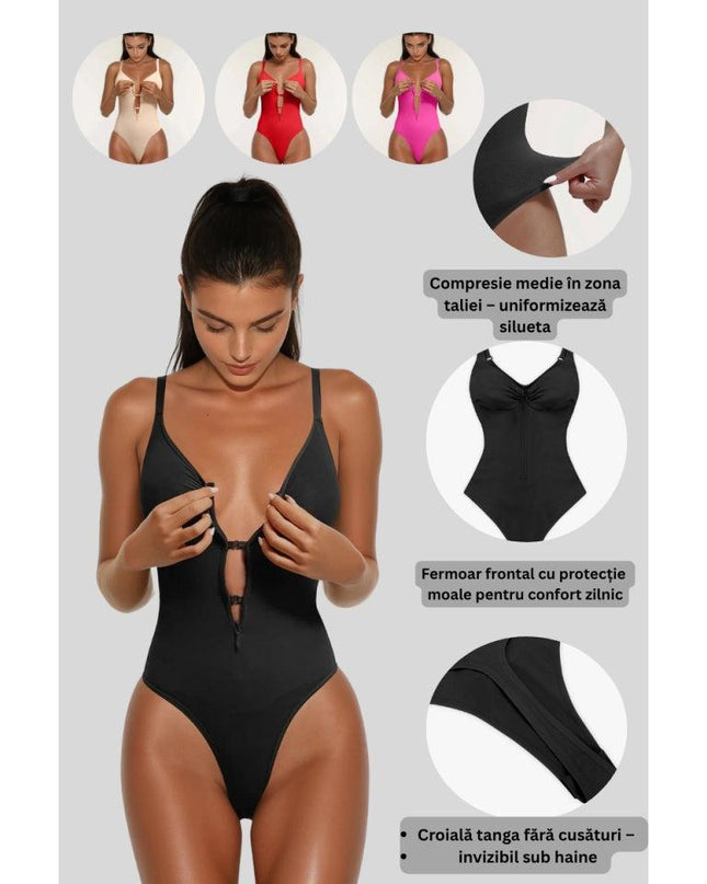 Body Modelator Femei Negru, Roz ,Rosu sau Crem , Cu Fermoar și Bretele Reglabile, Talie Subțiată G-Slab Spate Gol Lenjerie Modelatoare Tip Tanga