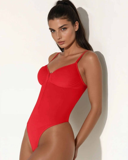Body Modelator Femei Rosu, Tummy Control, Cu Fermoar și Bretele Reglabile, Talie Subțiată, G-Slab Spate Gol Lenjerie Modelatoare Tip Tanga