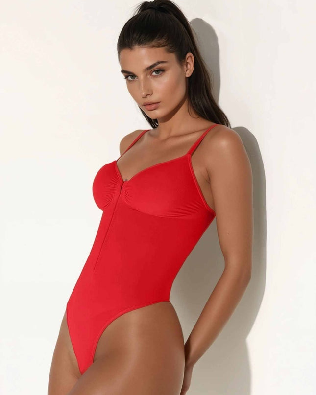 Body Modelator Femei Rosu, Tummy Control, Cu Fermoar și Bretele Reglabile, Talie Subțiată, G-Slab Spate Gol Lenjerie Modelatoare Tip Tanga