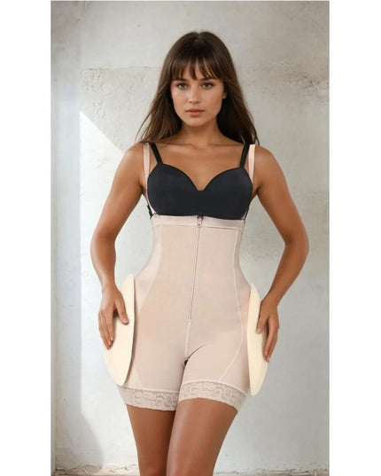 Body Modelator Nude High Waist cu Fese si Solduri Proeminente Cu Bureti Push up Bej