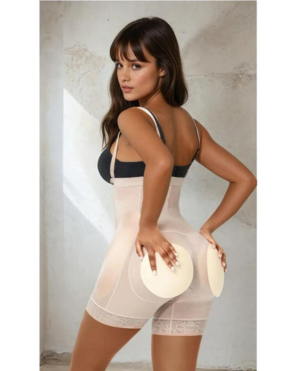 Body Modelator Nude High Waist cu Fese si Solduri Proeminente Cu Bureti Push up Bej