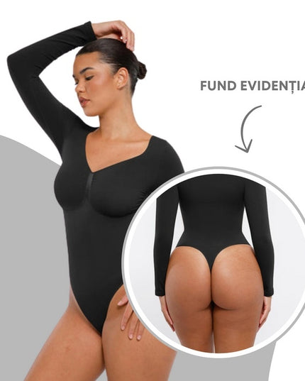 Body Modelator Seamless, Maneci Lungi "skin", Control Abdomen, Design Tanga, Susținere Bust Protecție Antibacteriană Invizibil Sub Haine Negru