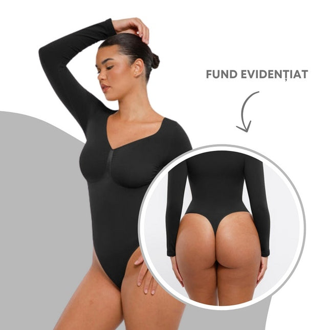Body Modelator Seamless, Maneci Lungi "skin", Control Abdomen, Design Tanga, Susținere Bust Protecție Antibacteriană Invizibil Sub Haine Negru