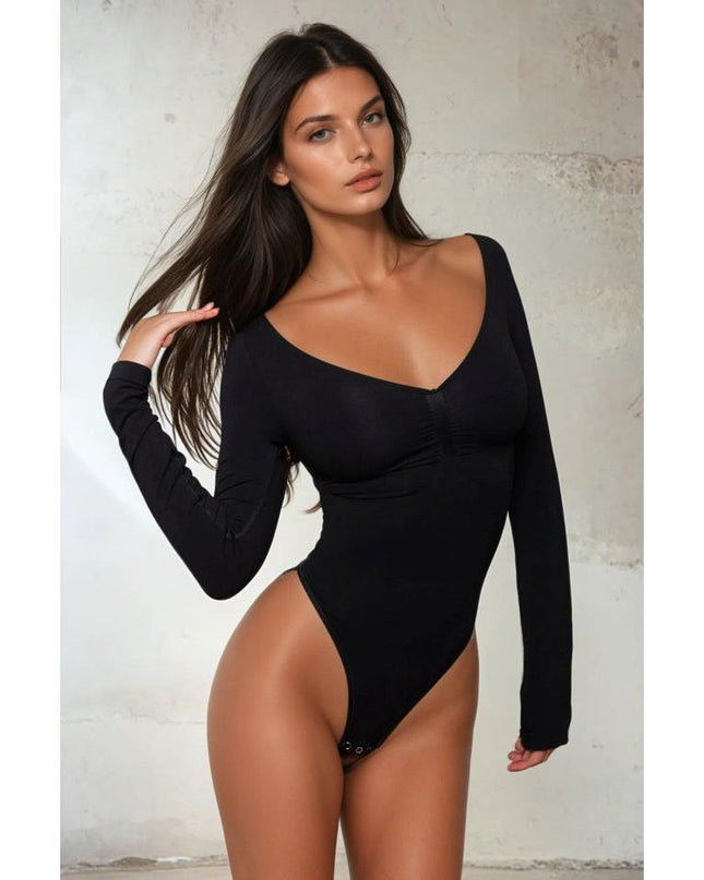 Body Modelator Seamless, Maneci Lungi "skin", Control Abdomen, Design Tanga, Susținere Bust Protecție Antibacteriană Invizibil Sub Haine Negru