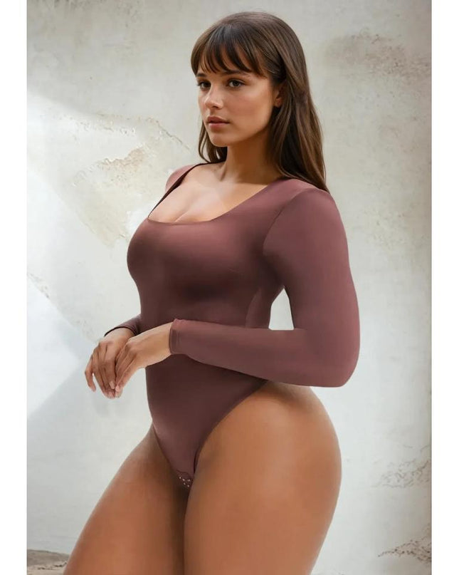 Body Modelator Tanga Elegant cu Maneca Lunga , Cu Gat Patrat Satin Maro