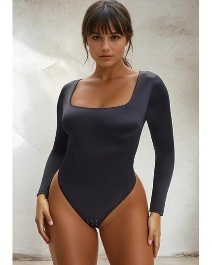 Body Modelator Tanga Elegant cu Maneca Lunga , Cu Gat Patrat Satin Negru / Black